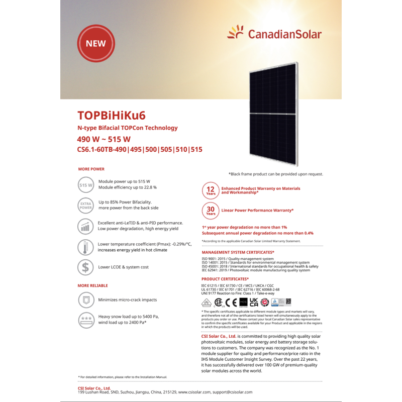 Panneau 505WC Bifacial Canadian Solar