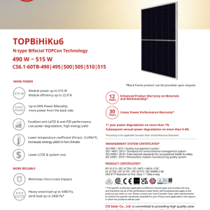 Panneau 505WC Bifacial Canadian Solar